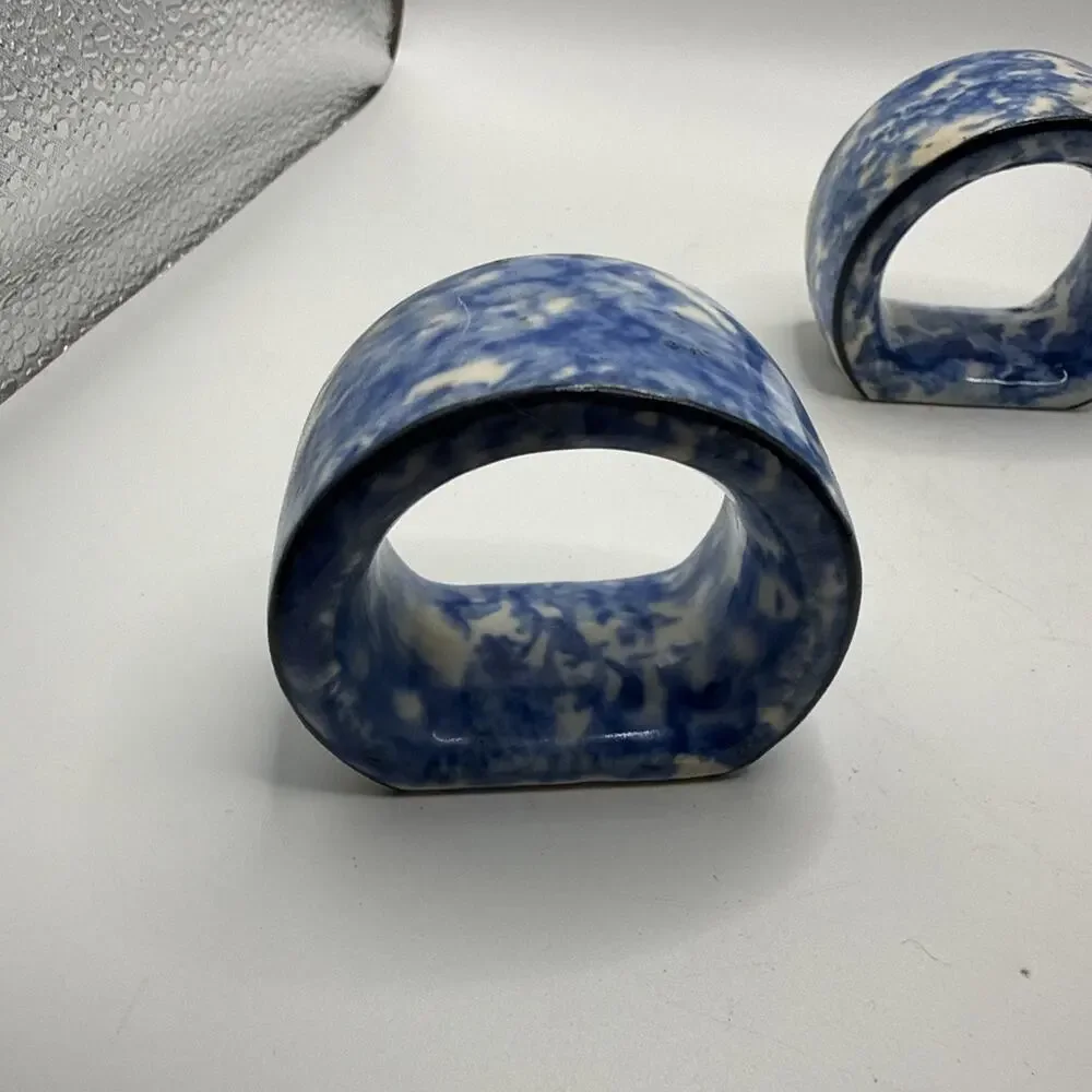 Vintage Knobler Blue Spongeware Ceramic Napkin Rings Set Of 3